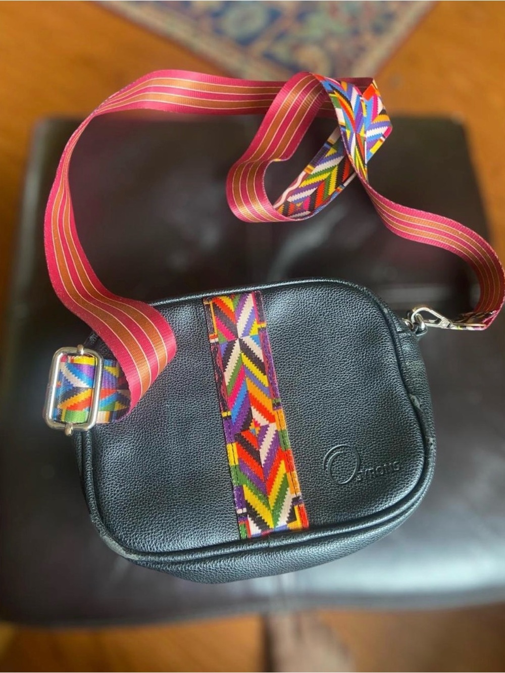 Ostrich leather black k Crossbody Bag with Colorful Woven Accent